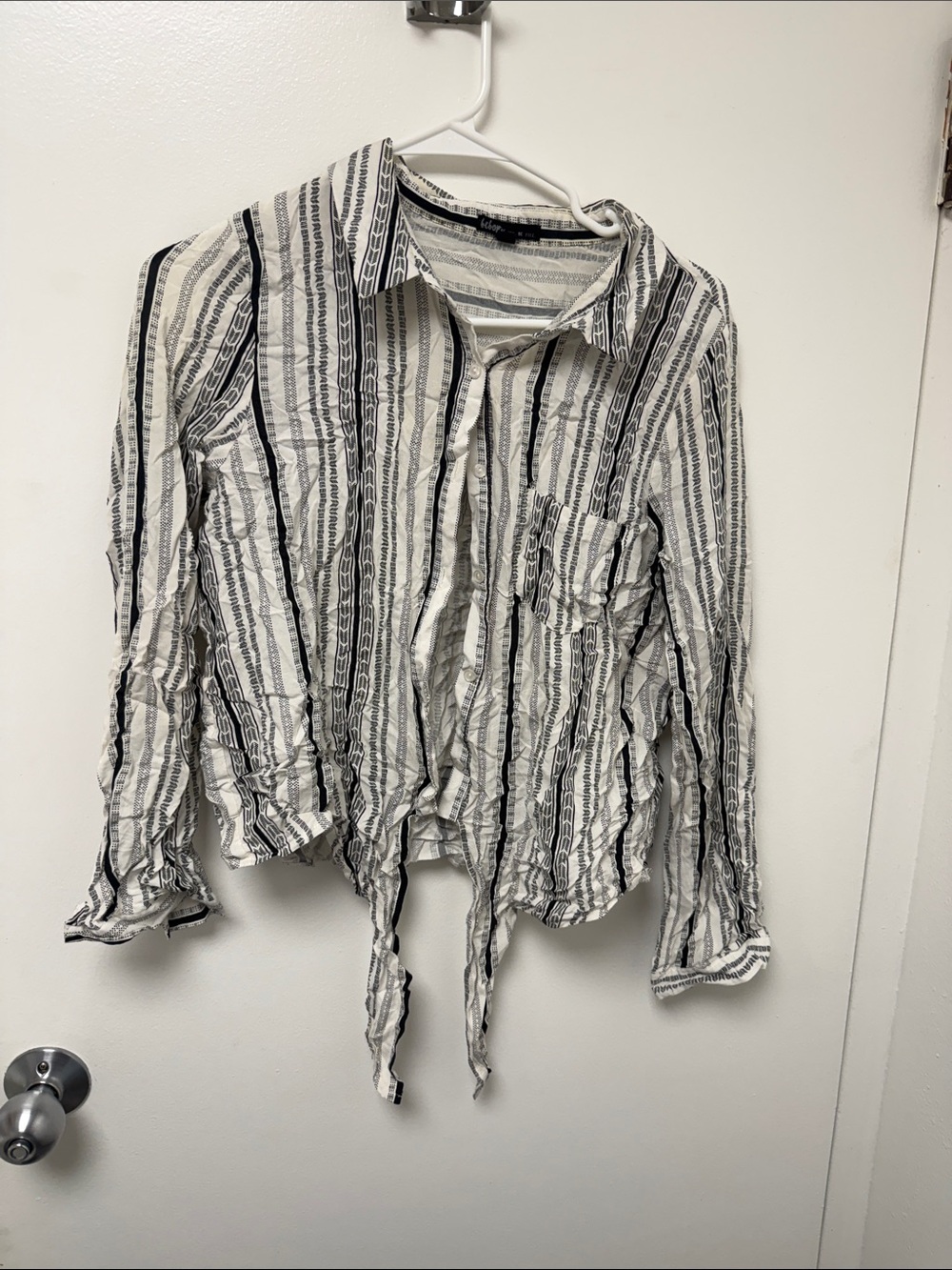 Bebop Black & White Striped Tie-Front Button Down Shirt
